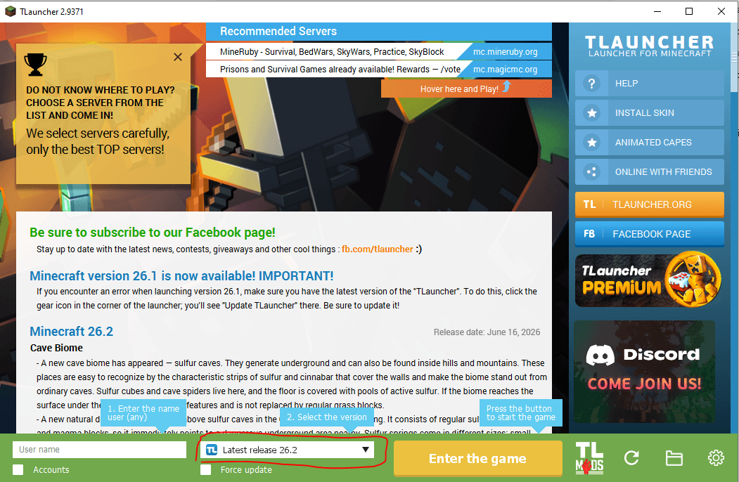 TLauncher with the version menu highlighted