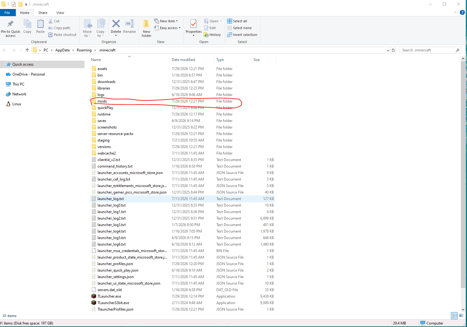The mods folder inside .minecraft