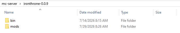 The bin and mods folders in the extracted Iron Throne modpack