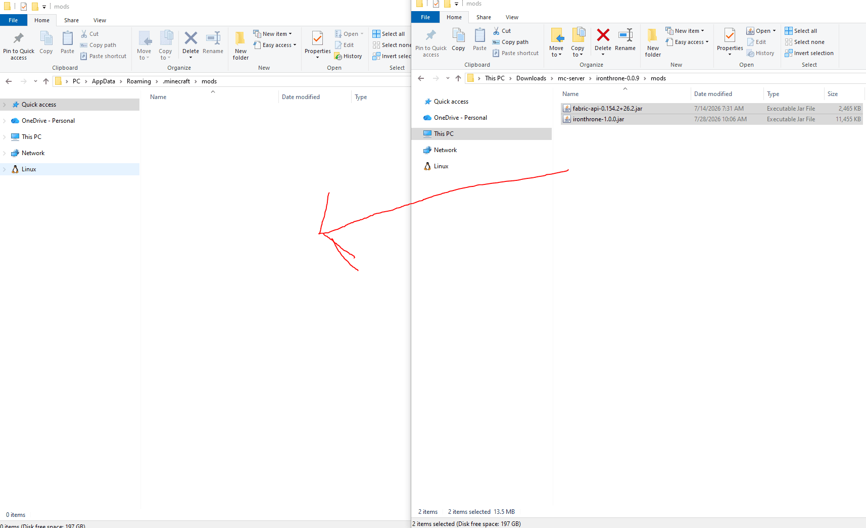 Copying the Fabric API and Iron Throne JAR files into the mods folder